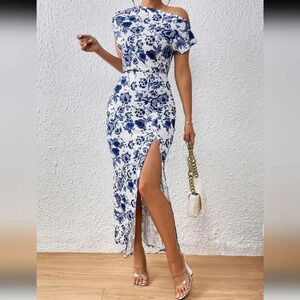 Floral Print Asymmetrical Neck Split Thigh Dress